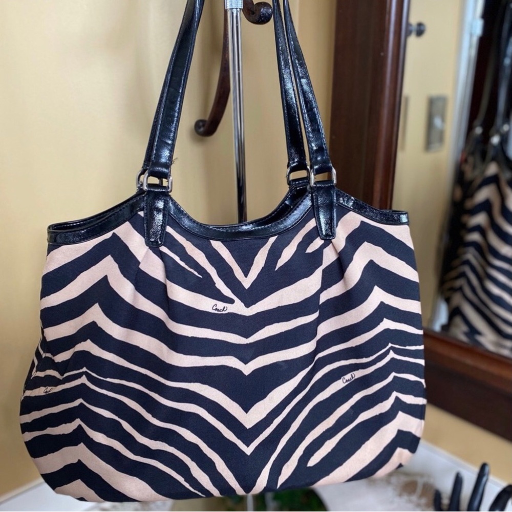 COACH Chic Black and Cream Zebra Print Women's Bag Red Logo Tag
